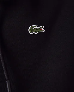 Felpa Lacoste nera con cappuccio e chiusura zip con logo ricamato sul petto