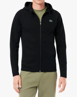Felpa Lacoste nera con cappuccio e chiusura zip con inserti in mesh