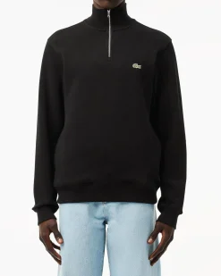 Felpa Lacoste nera in interlock di cotone con apertura a mezza zip