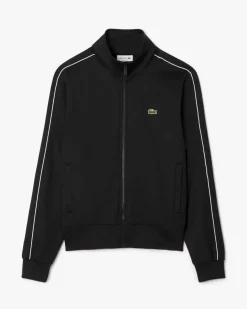 Felpa Lacoste nera in piquè interlock con piping bianco e chiusura zip