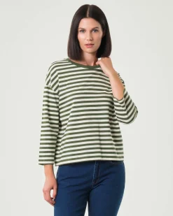 Felpa leggera Emme Marella in cotone a righe color panna e verde