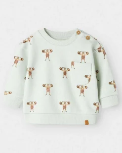 Felpa Lil'Atelier verde acqua in puro cotone con fantasia strong man