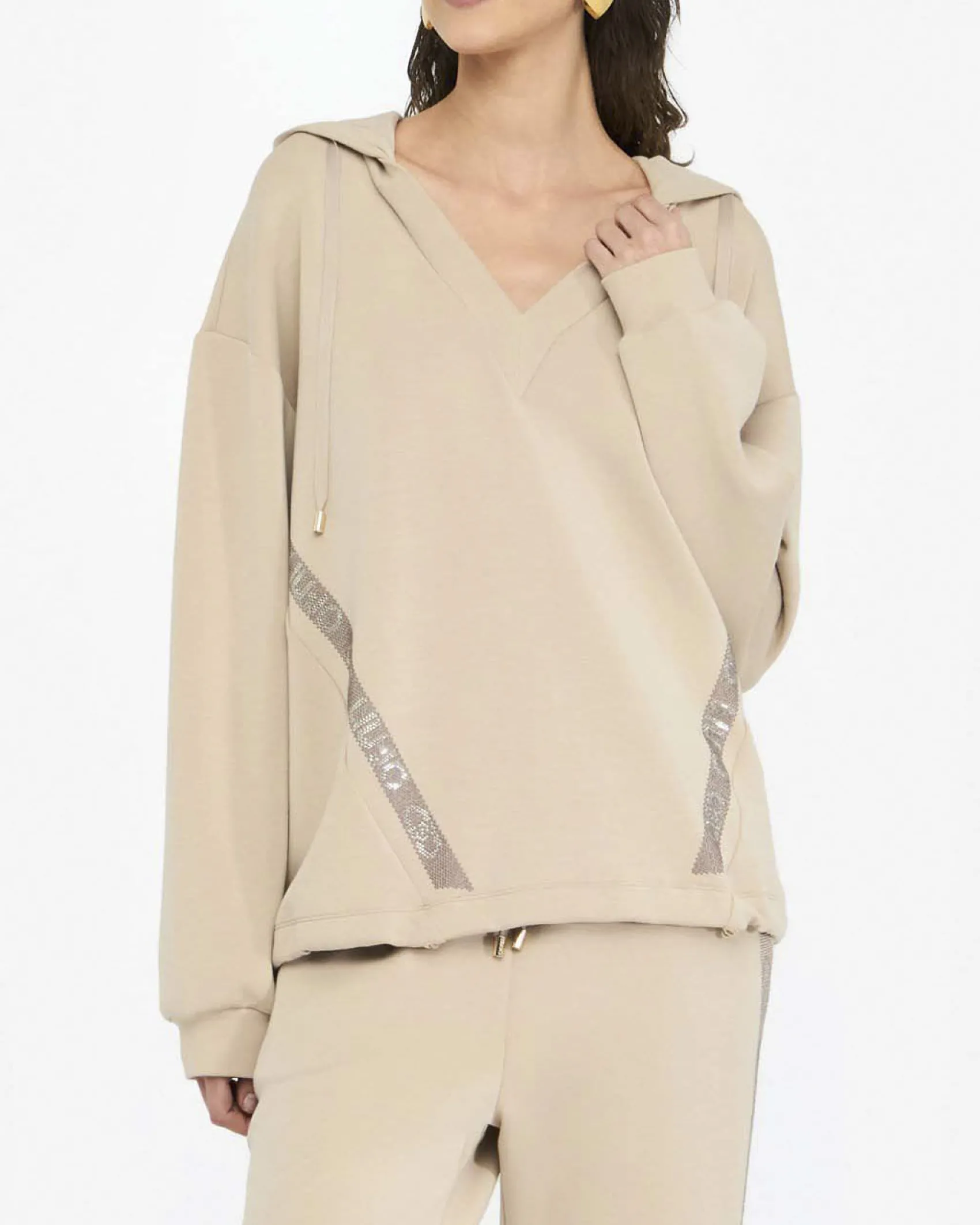 Felpa Liu Jo Sport beige in tessuto stretch con logo in rilievo