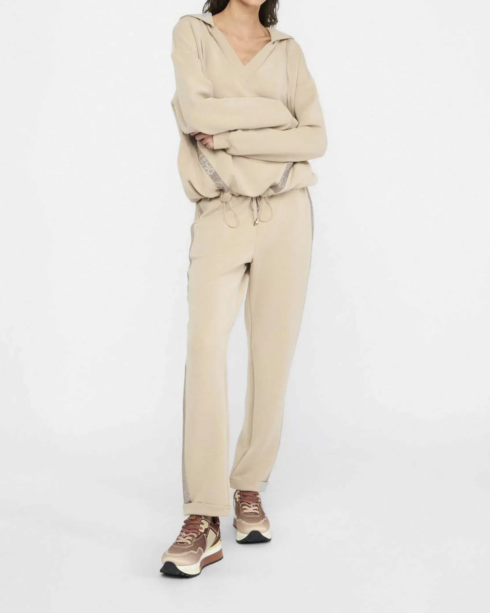 Felpa Liu Jo Sport beige in tessuto stretch con logo in rilievo