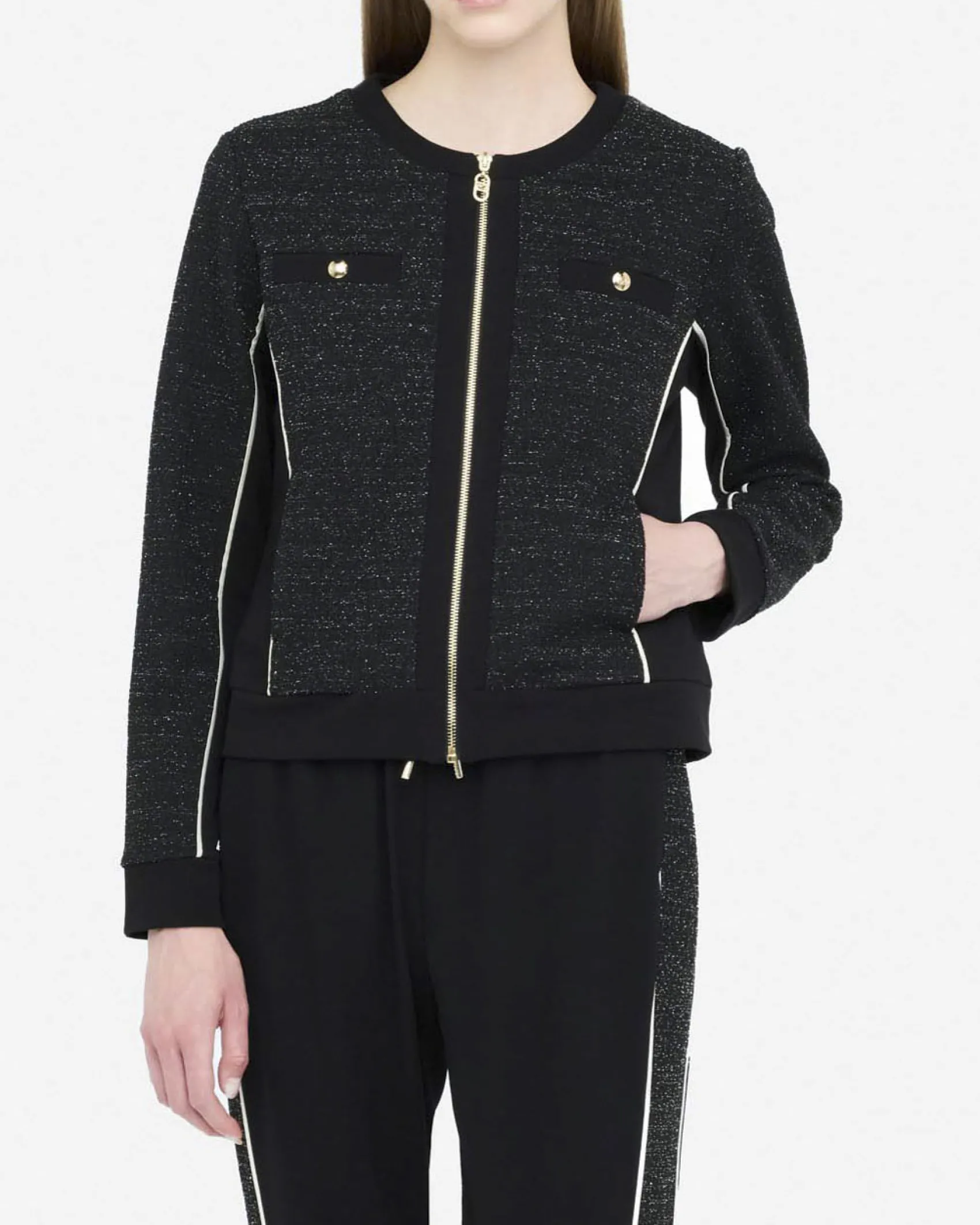 Felpa Liu Jo Sport nera in bouclé lurex con dettagli in rilievo