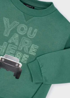 Felpa Mayoral verde in cotone stretch a maniche lunghe con stampa macchina con scritta 'You Are Here'