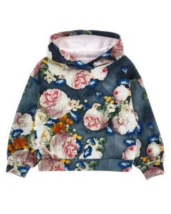 Felpa Monnalisa relaxed avio in neoprene con cappuccio a fantasia floreale multicolor all-over