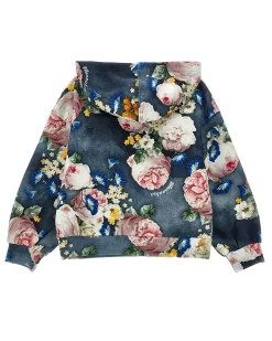 Felpa Monnalisa relaxed avio in neoprene con cappuccio a fantasia floreale multicolor all-over