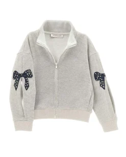 Felpa Monnalisa relaxed grigia in misto cotone a collo alto con fiocchi ed aperture sulle maniche