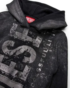 Felpa nera Diesel cropped con cappuccio e maxi grafica effetto laminato