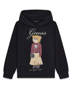 Felpa nera Guess con cappuccio e stampa orsetta davanti in puro cotone