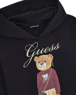 Felpa nera Guess con cappuccio e stampa orsetta davanti in puro cotone