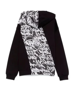 Felpa nera in cotone con cappuccio e stampa graffiti bianca