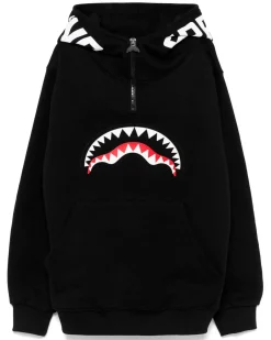 Felpa nera in cotone con cappuccio e mezza zip