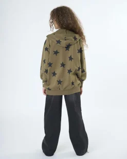 Felpa oversize To be Too verde militare con stelle nere e cappuccio