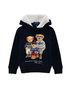 Felpa Polo Ralph Lauren blu in misto cotone con cappuccio teddy bianco e stampa orsetti logo