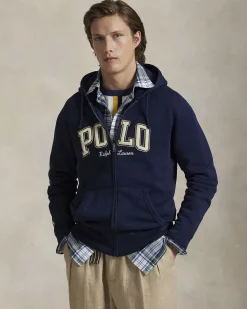 Felpa Polo Ralph Lauren blu in cotone con cappuccio chiusura zip e scritta 'POLO' in spugna davanti