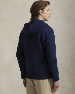 Felpa Polo Ralph Lauren blu in cotone con cappuccio chiusura zip e scritta 'POLO' in spugna davanti