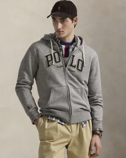 Felpa Polo Ralph Lauren grigia in cotone con cappuccio chiusura zip e scritta 'POLO' in spugna davanti