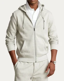 Felpa Polo Ralph Lauren grigio chiaro in interlock di cotone con cappuccio e chiusura zip