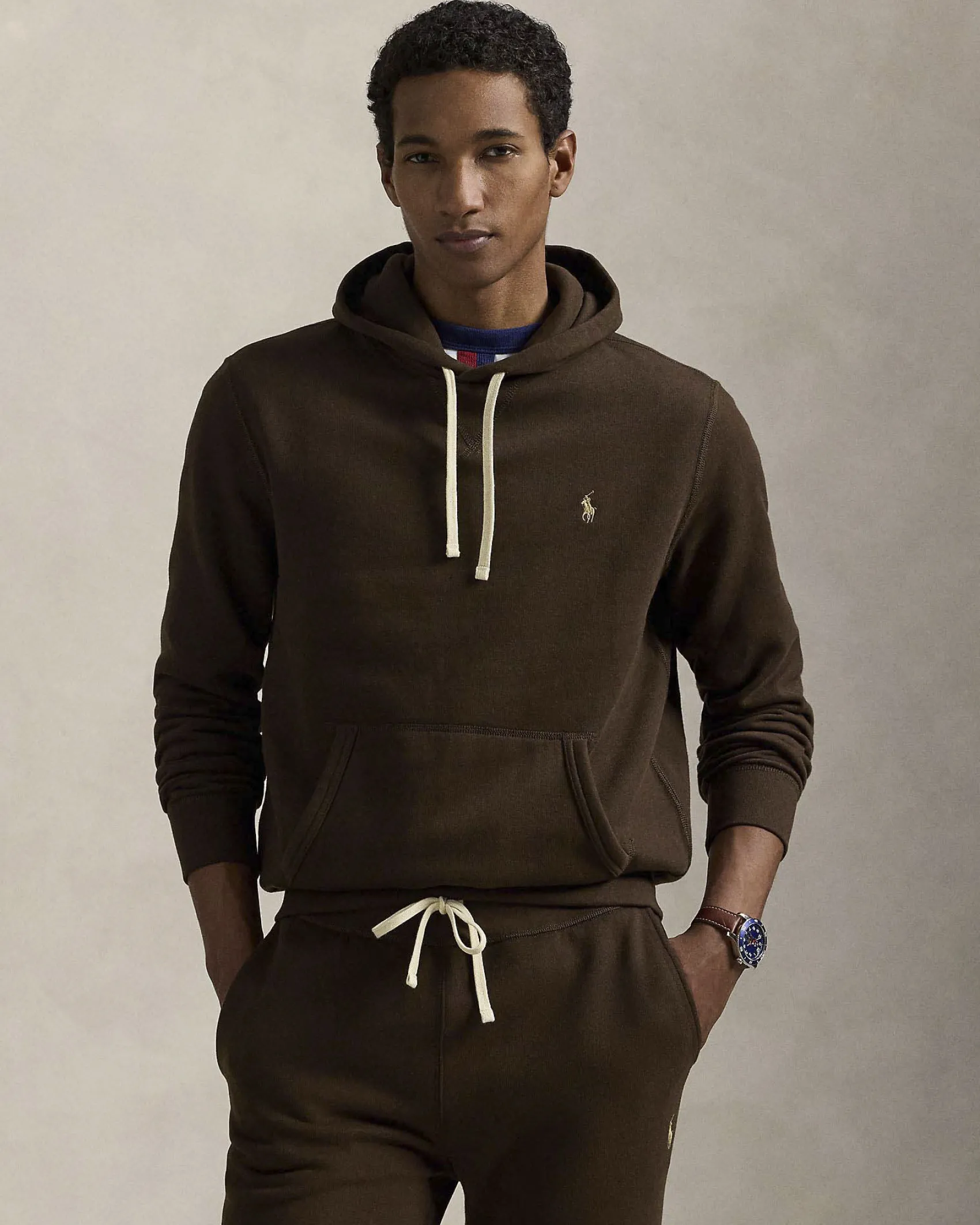 Felpa Polo Ralph Lauren marrone in cotone con cappuccio e logo pony ricamato sul petto