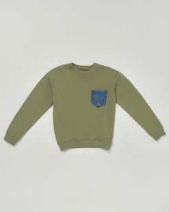 Felpa Roy Roger's verde militare girocollo in puro cotone con taschino jeans