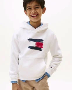 Felpa Tommy Hilfiger bianca con cappuccio e stampa logo effetto spennellato