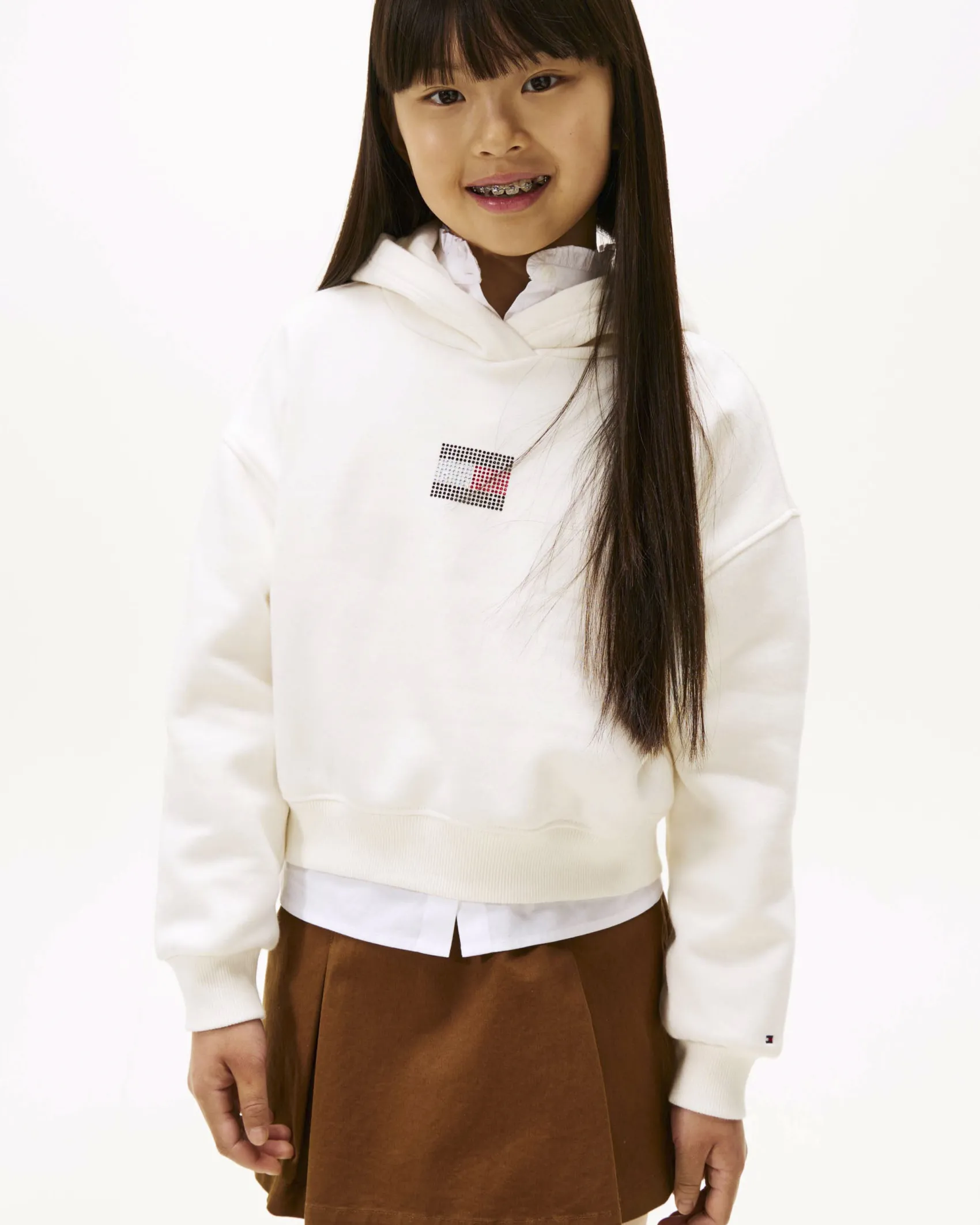 Felpa Tommy Hilfiger bianca con cappuccio e logo in strass