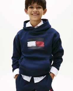 Felpa Tommy Hilfiger blu con cappuccio e stampa logo effetto spennellato