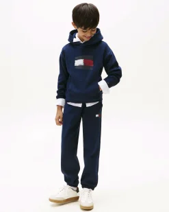 Felpa Tommy Hilfiger blu con cappuccio e stampa logo effetto spennellato