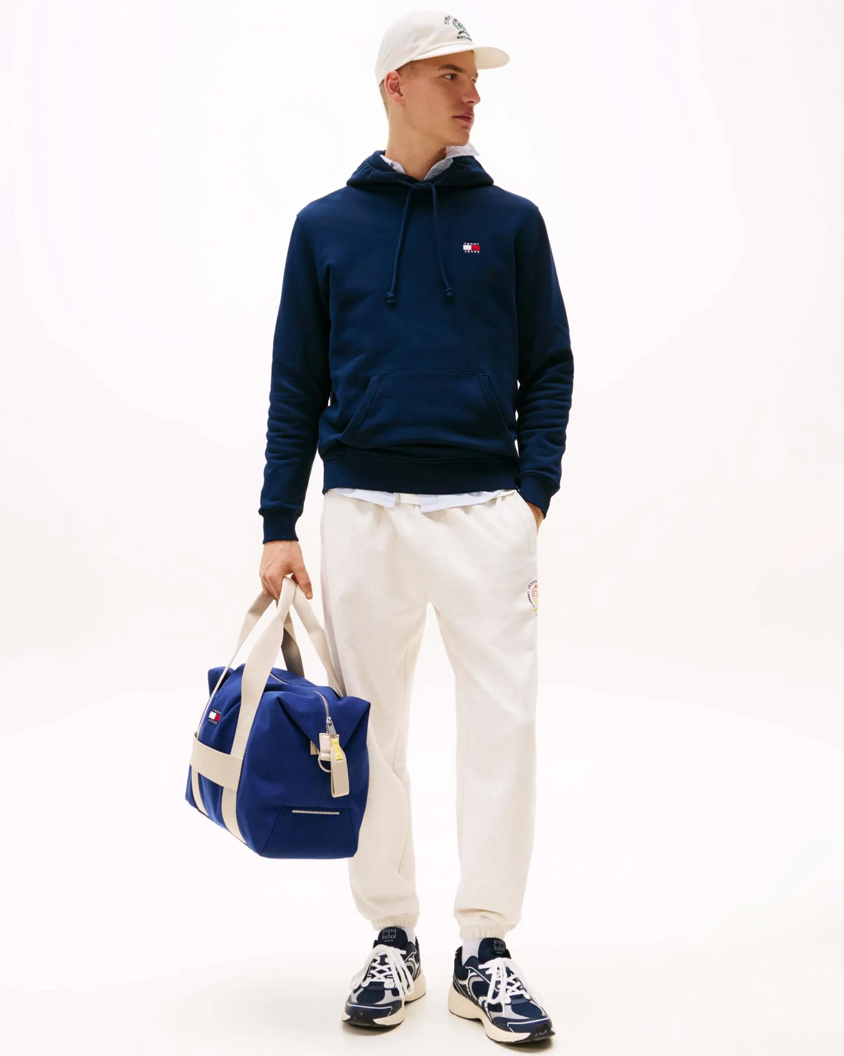 Felpa Tommy Jeans blu con cappuccio e tasche a marsupio