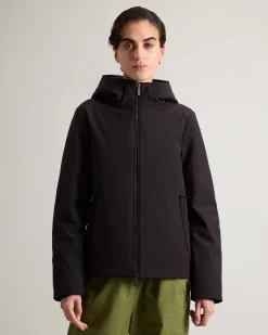 Firth Parka nero corto con cappuccio imbottito in piuma naturale in tessuto impermeabile antivento