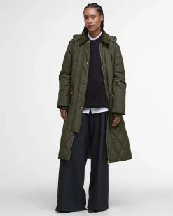 Giacca Barbour trapuntata Meredith Verde oliva con colletto in velluto a costine tono su tono e cappuccio rimovibile