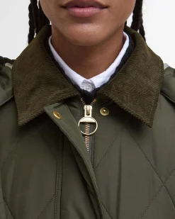 Giacca Barbour trapuntata Meredith Verde oliva con colletto in velluto a costine tono su tono e cappuccio rimovibile