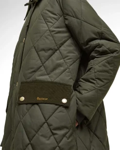 Giacca Barbour trapuntata Meredith Verde oliva con colletto in velluto a costine tono su tono e cappuccio rimovibile