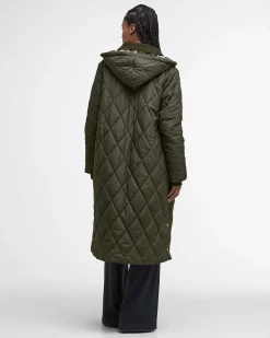 Giacca Barbour trapuntata Meredith Verde oliva con colletto in velluto a costine tono su tono e cappuccio rimovibile