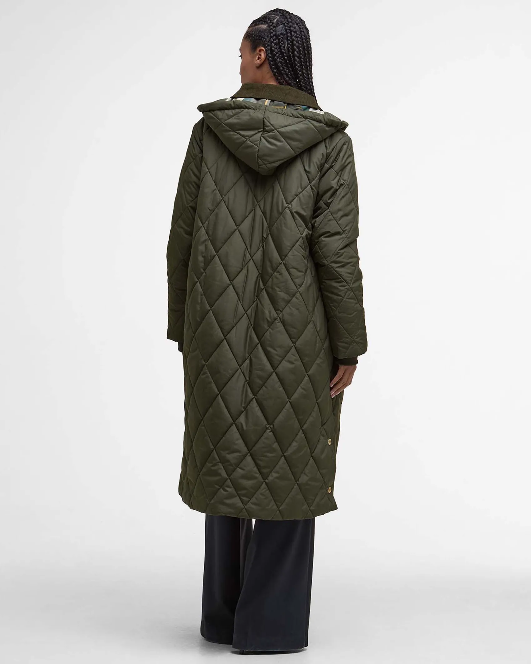 Giacca Barbour trapuntata Meredith Verde oliva con colletto in velluto a costine tono su tono e cappuccio rimovibile