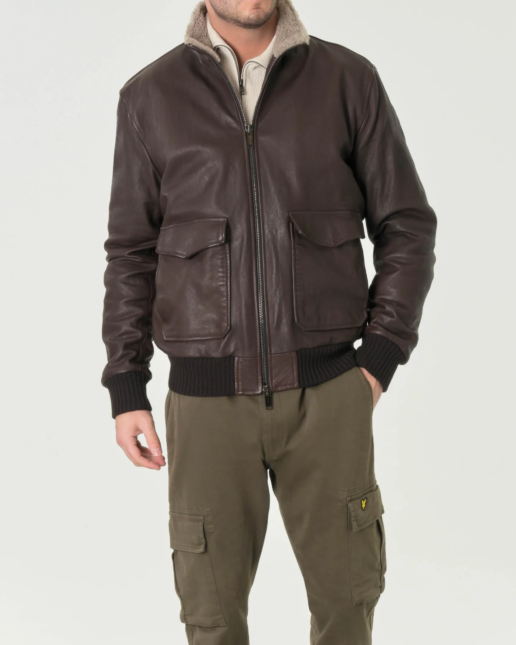Giacca bomber Volfagli in vera pelle testa di moro con colletto interno in tessuto teddy