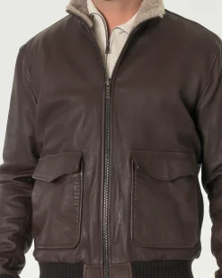 Giacca bomber Volfagli in vera pelle testa di moro con colletto interno in tessuto teddy