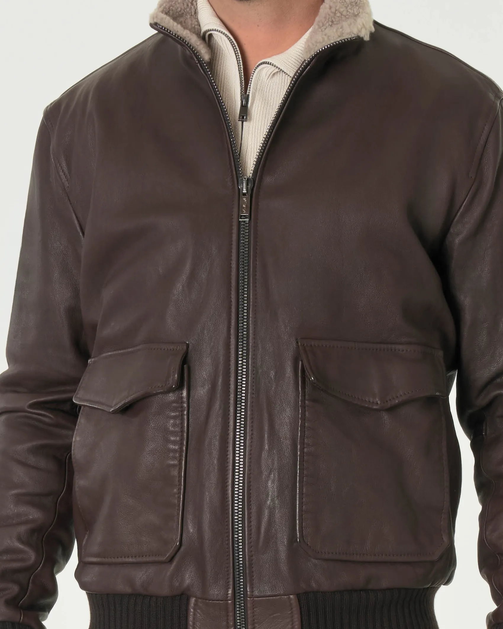 Giacca bomber Volfagli in vera pelle testa di moro con colletto interno in tessuto teddy