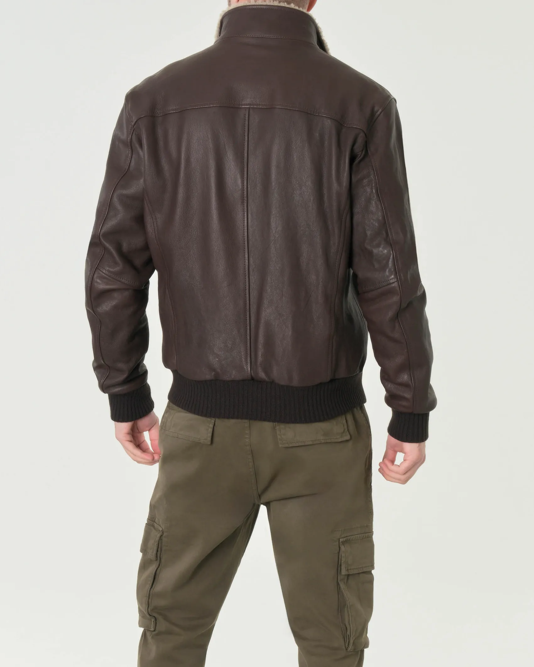 Giacca bomber Volfagli in vera pelle testa di moro con colletto interno in tessuto teddy