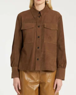 Giacca camicia Marella marrone in suede con doppia tasca sul petto