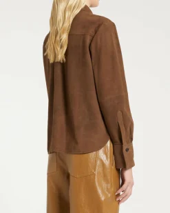 Giacca camicia Marella marrone in suede con doppia tasca sul petto