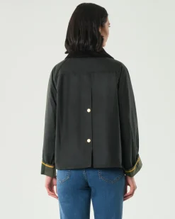 Giacca corta Babours modello Catton verde in cotone cerato con maxi colletto marrone in velluta a coste