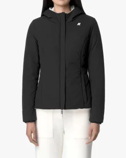 Giacca corta K-Way Warm Lily bianca in nylon effetto opaco reversibile nel color nero con cappuccio fisso