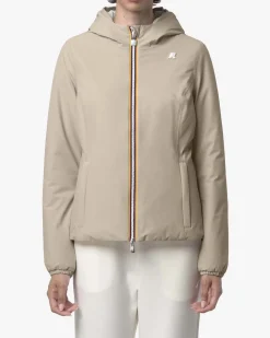 Giacca corta K-Way Warm Lily beige in nylon effetto opaco reversibile nel colore bianco con cappuccio fisso