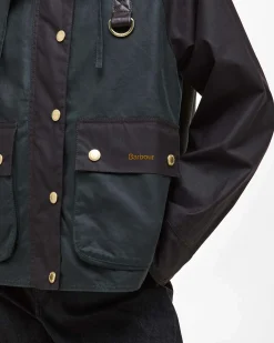 Giacca corta Reighton Spey color block verde e militare con colletto marrone in velluto a costine e cappuccio con cordini