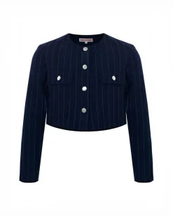 Giacca cropped Kocca blu in tessuto stretch gessato