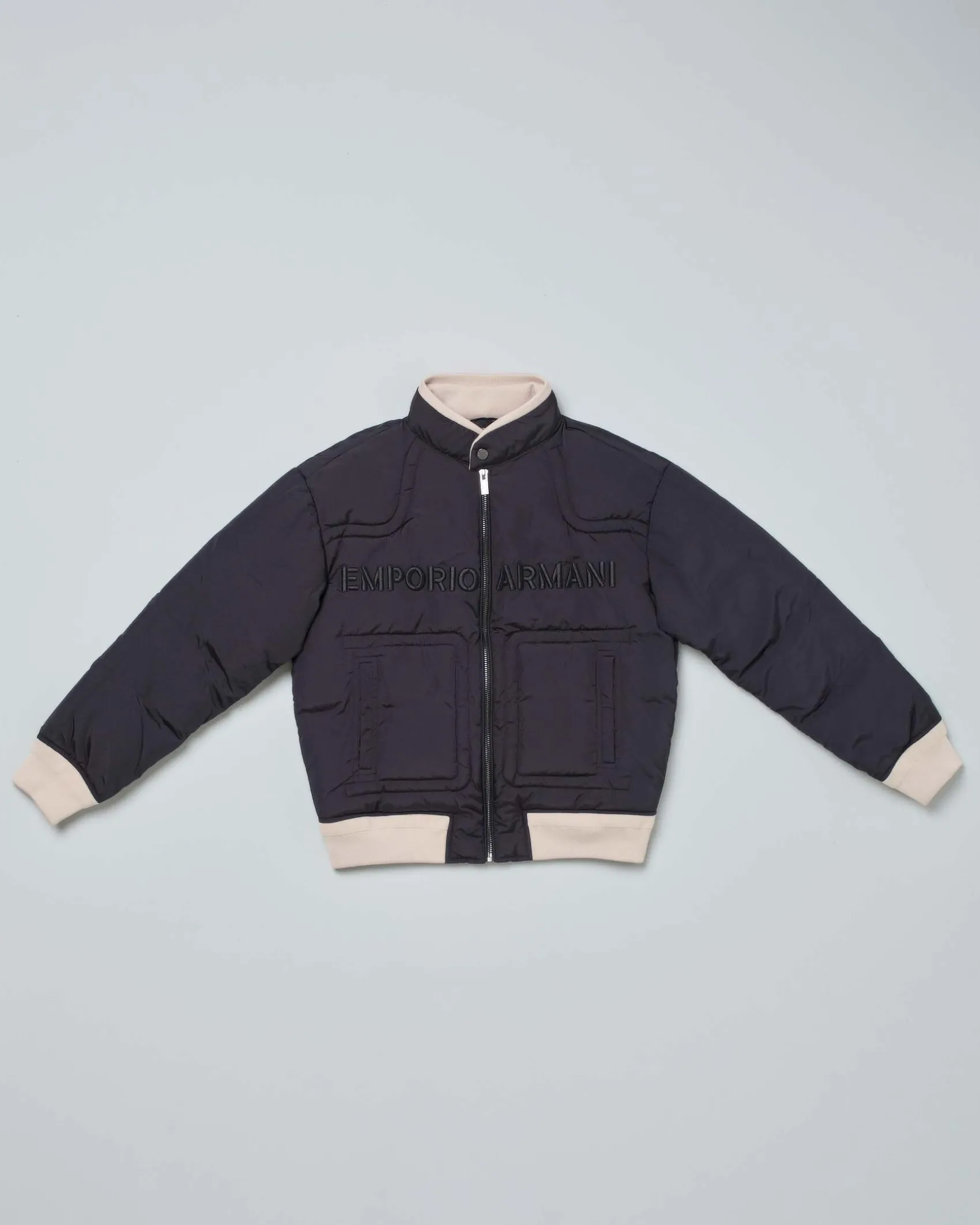 Giacca Emporio Armani bomber blu imbottita con profili beige
