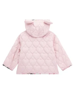 Giacca Guess rosa trapuntata a cuori con cappuccio ad orsetto